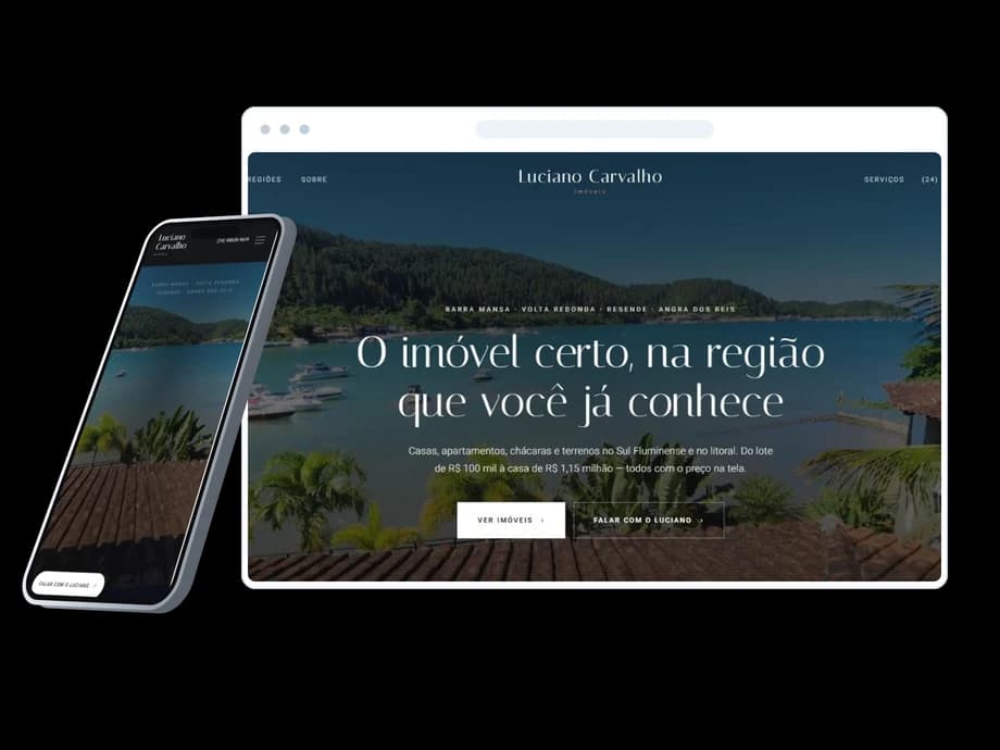 Site do Luciano Carvalho Imóveis aberto no computador e no celular